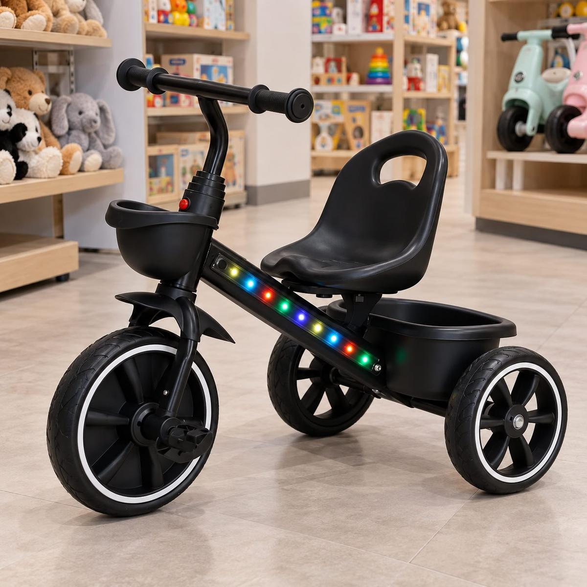 Triciclo Motoca Infantil Com Pedal LED Cestinha 3 Rodas Até 25kg Picolé Maxi Baby - Preto
