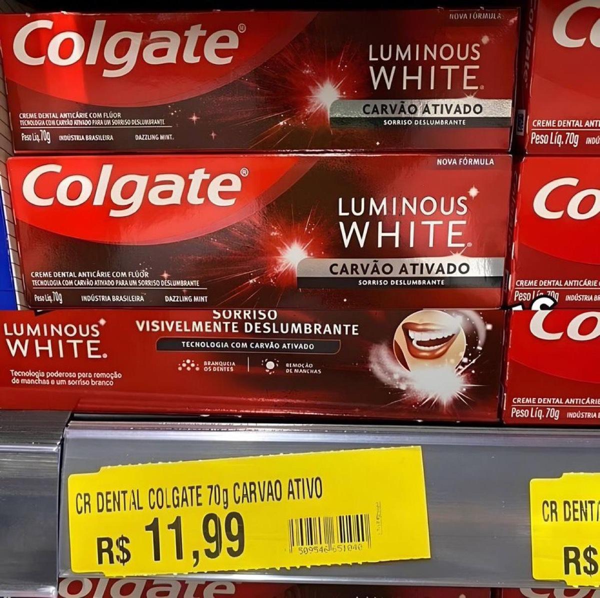 Colgate Luminous White Creme Dental Clareador Carvão Ativado 70g 3 unidades
