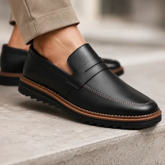 Mocassim Masculino Sapato Social Sola Tratorada Casual Preto Liso