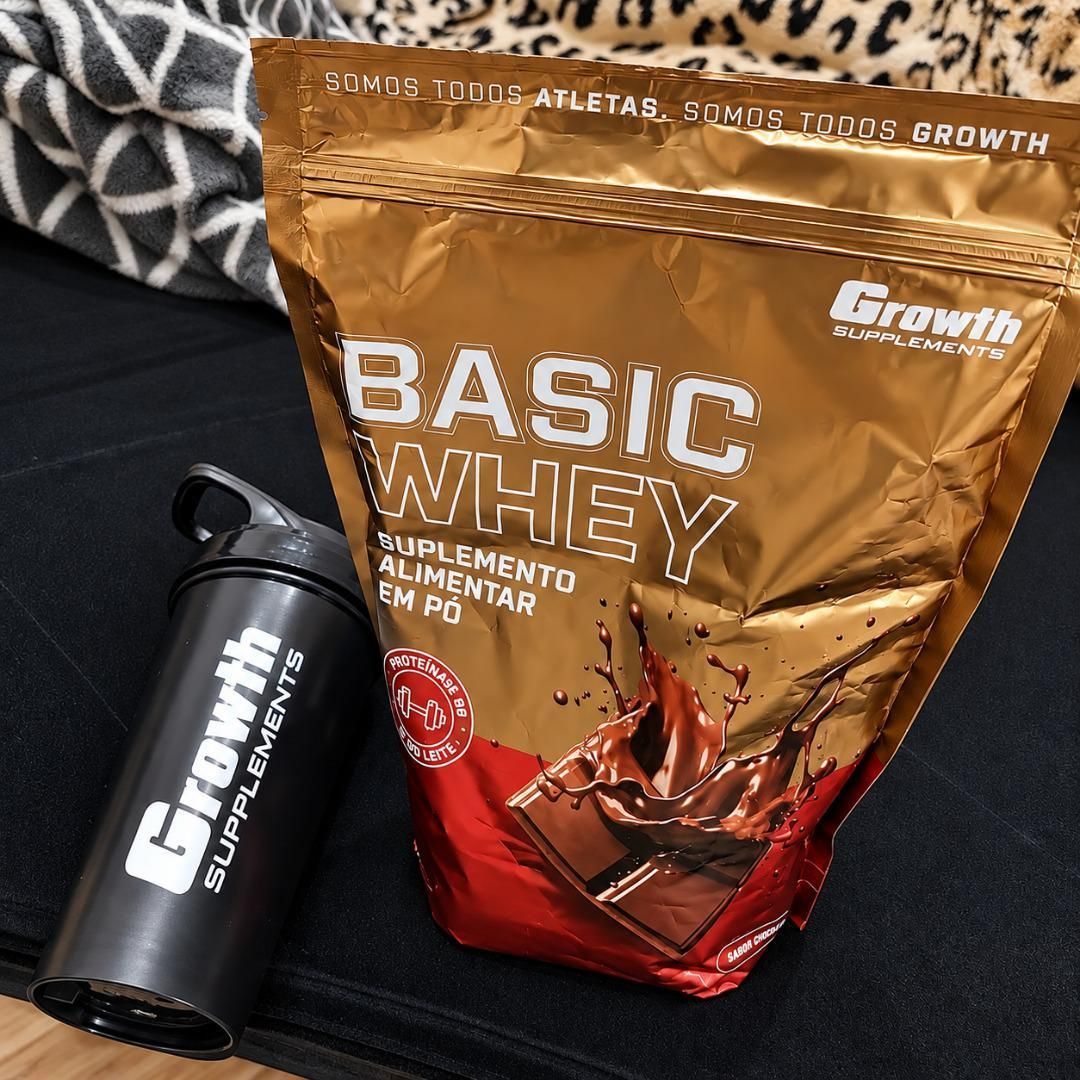 Kit Growth: Whey Protein Basic Chocolate 1kg + Coqueteleira Shaker
