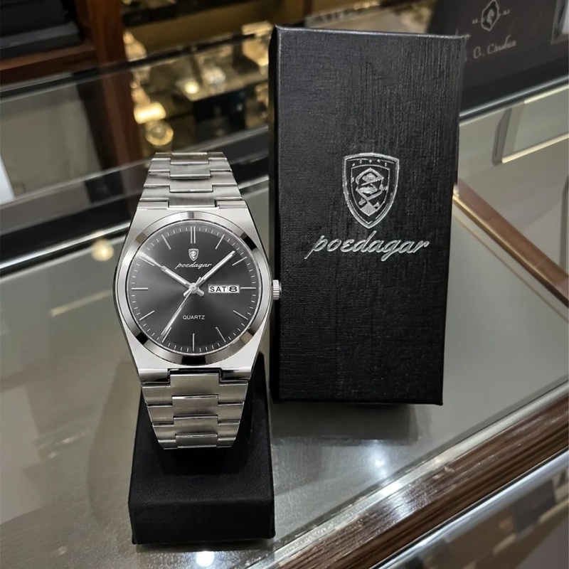 Relógio Poedagar Suiço Masculino Aço Inox Old Money C/caixa