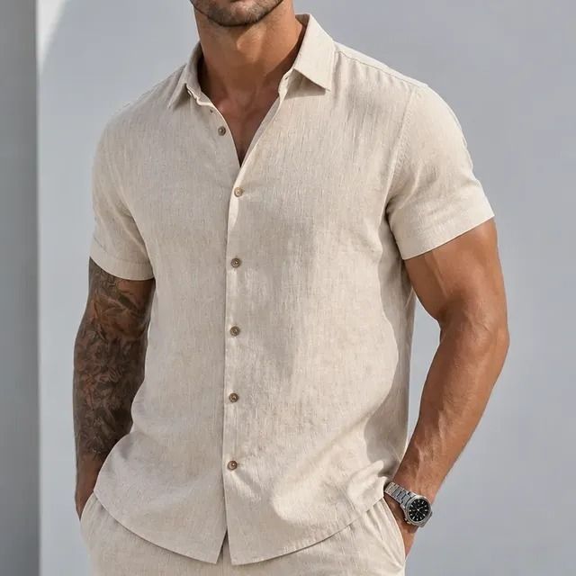 Camisa Manga Curta Viscose Old Money Confortável Bege Liso (P ao GG)