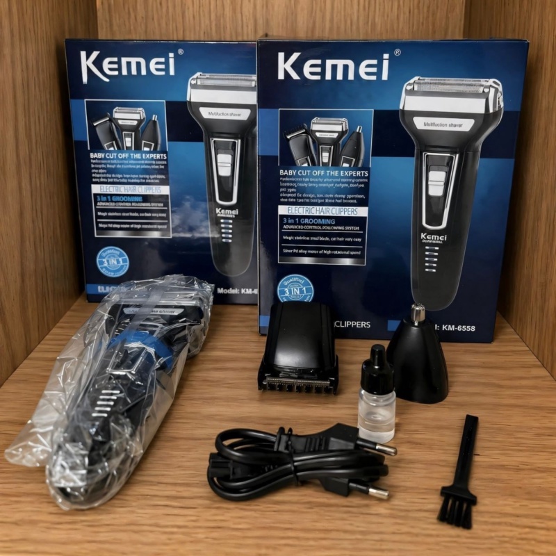 Aparador Barbeador Kemei Km-6558 Recarregável 3 Em 1 Cabeças Removíveis Bivolt Preto 127/220v