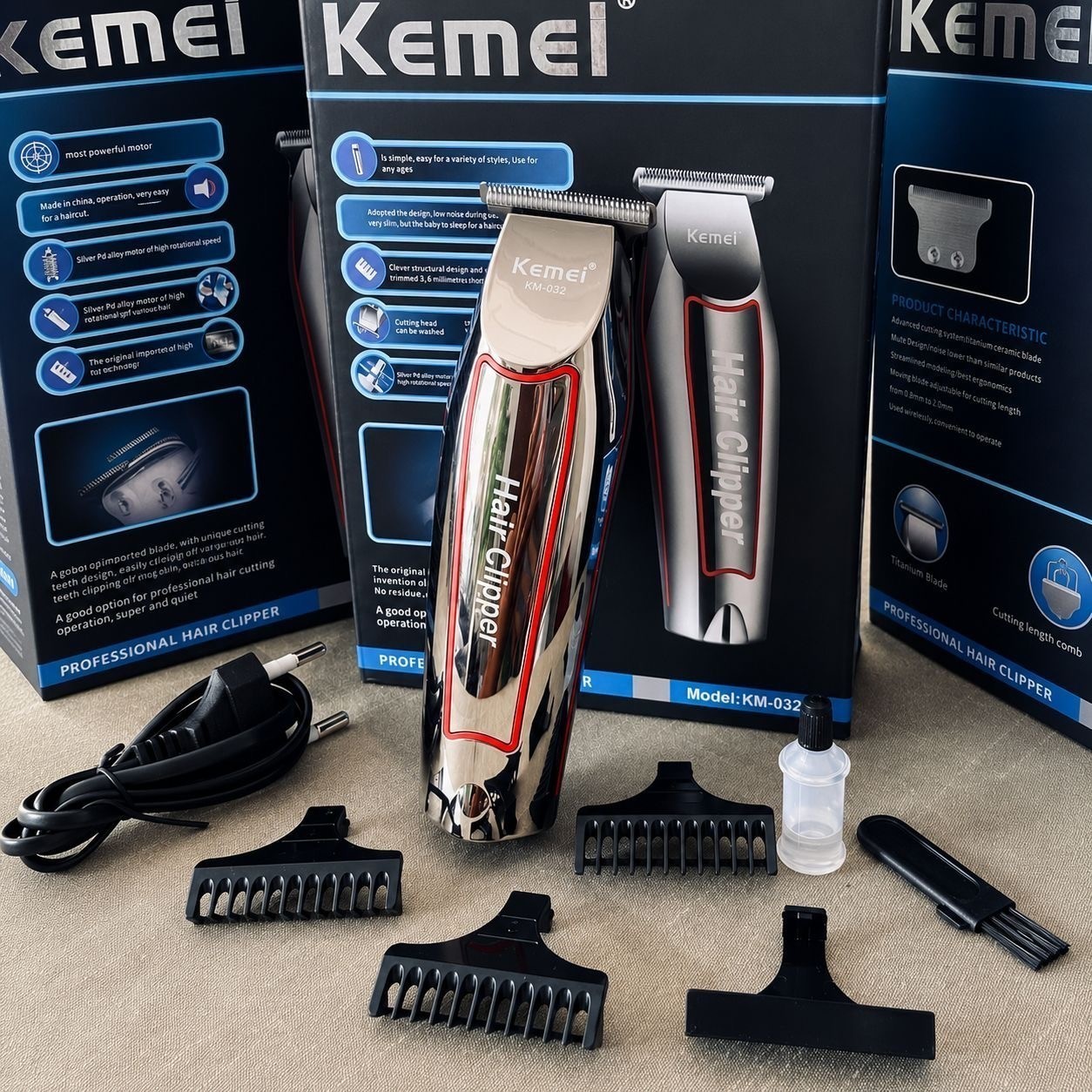 Maquina Cortar Cabelo Aparar Barba Kemei Km-032 Acabamento Prateado 127/220v