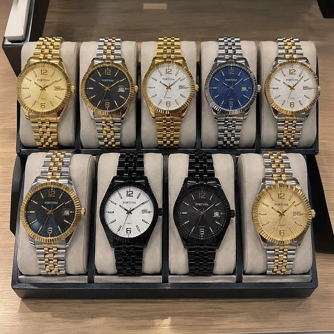 Relógio De Pulso Masculino Fortuna Old Money Minimalista Prata Dourado Cx Branca