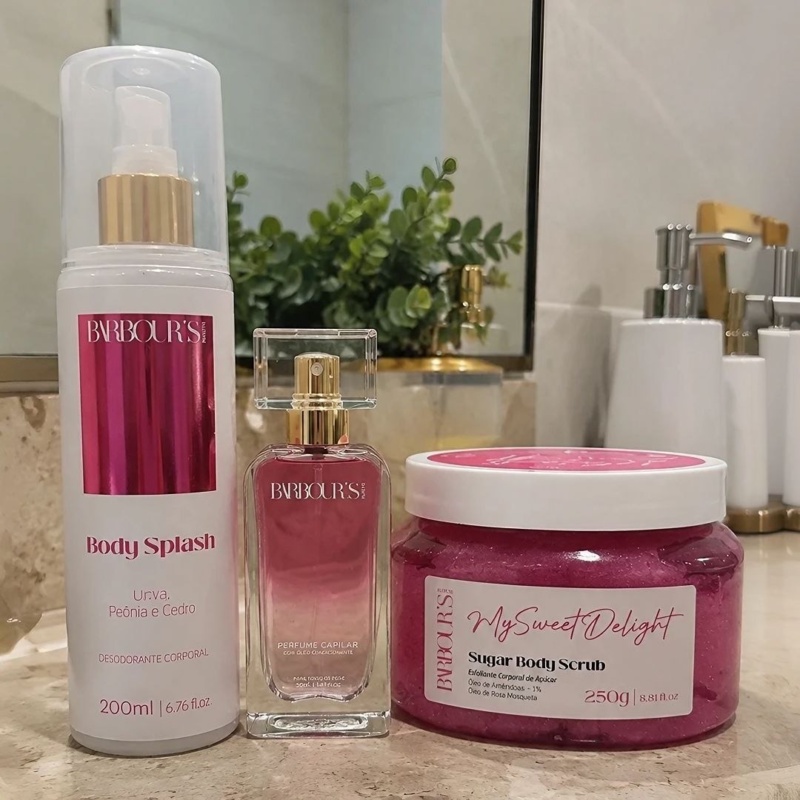 Kit Barbour's Beauty My Sweet Delight -  Esfoliante corporal Sugar body Scrub 250g - Body Splash 200ml - Perfume capilar 50ml