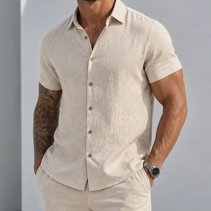 Camisa Manga Curta Viscose Old Money Confortavel Bege Liso (P ao GG)