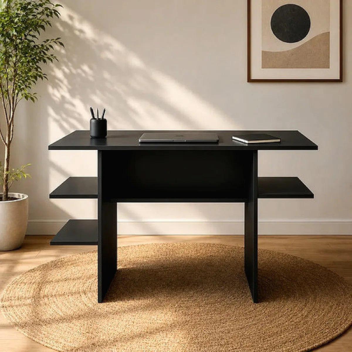 Mesa De Estudo Em Mdp Para Notebook Com Nichos E Prateleiras Preto