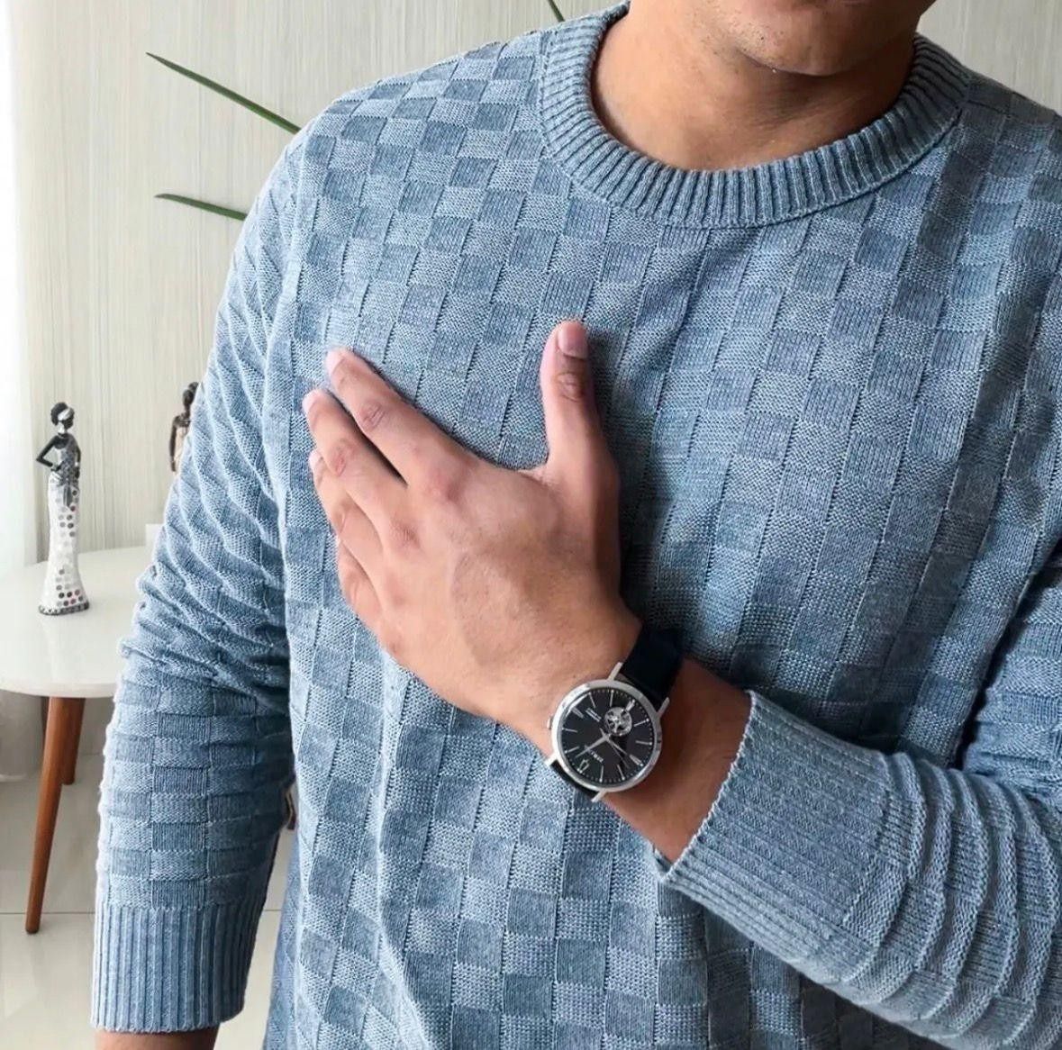 Suéter Masculino Lã Tricot Manga Longa Xadrez Blusa De Frio (P ao GG)