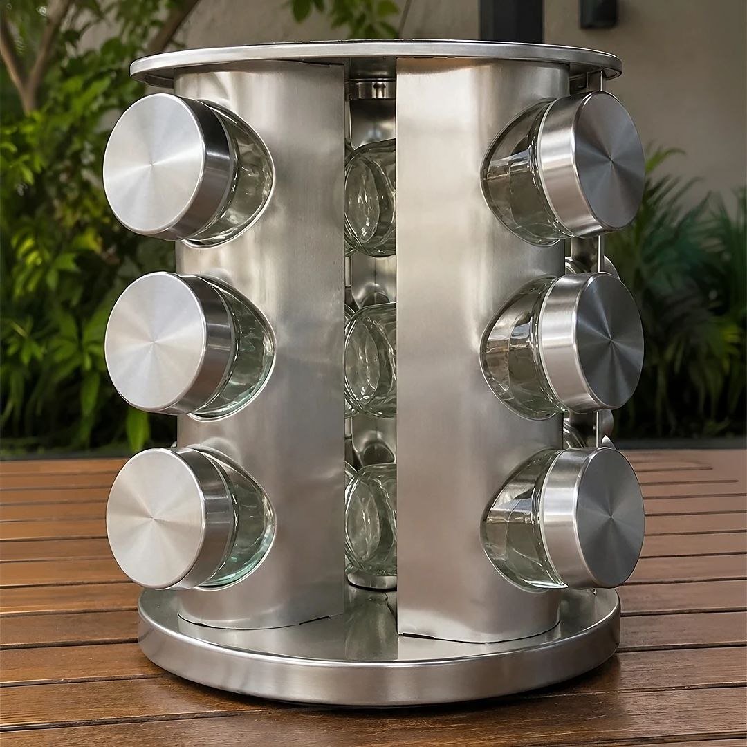 Porta-tempero giratório inox Futuro Casa com 12 potes vidro de 80ml