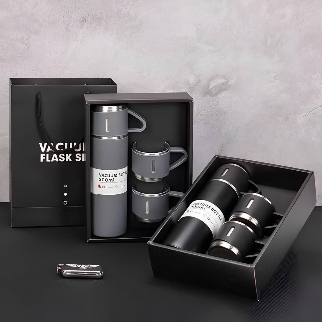 Caneca Kit Garrafa Térmica Vacuum Bottle Inox 500ml + 3 Xíca