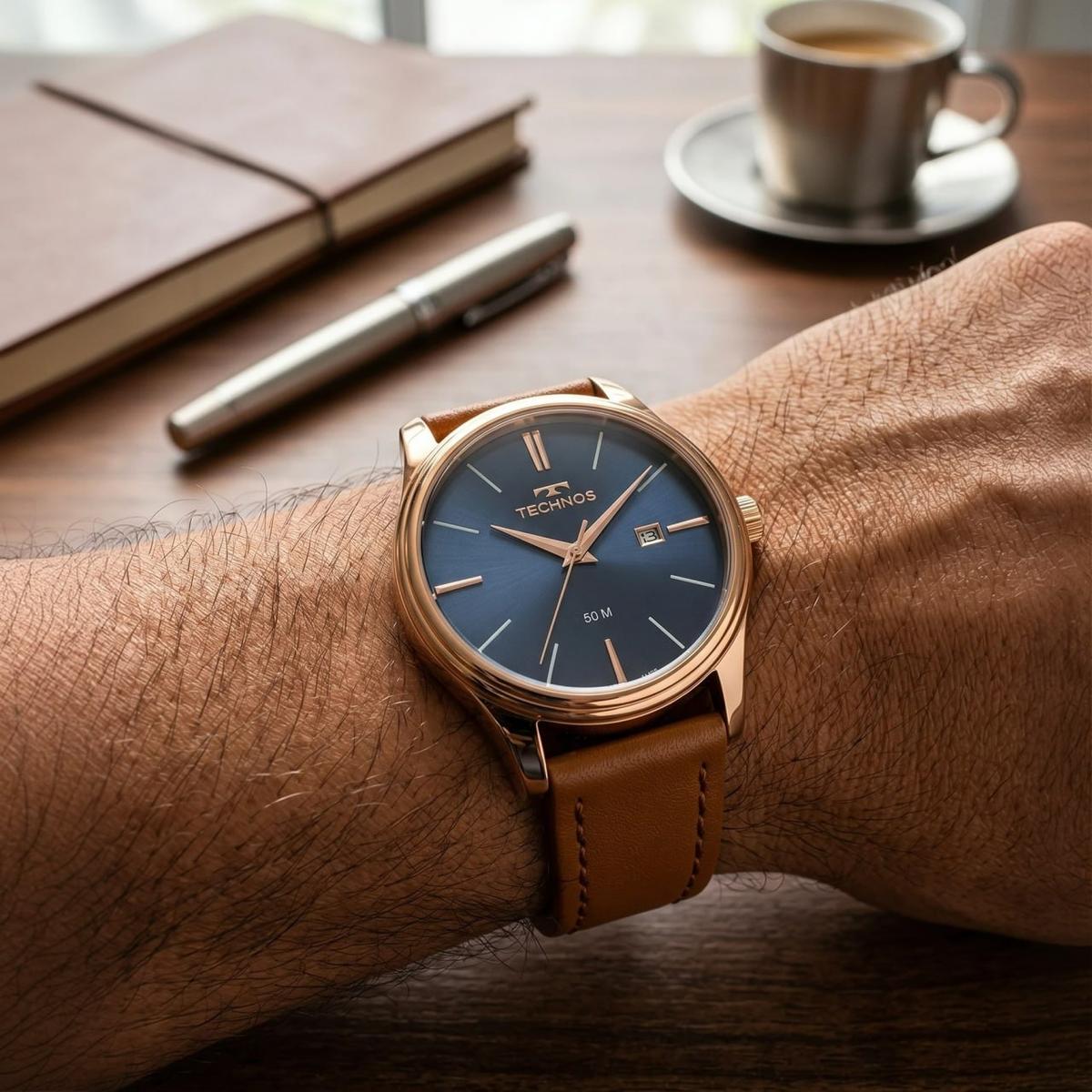 Relógio Technos Steel Rosé Masculino 42mm Pulseira Couro Marrom