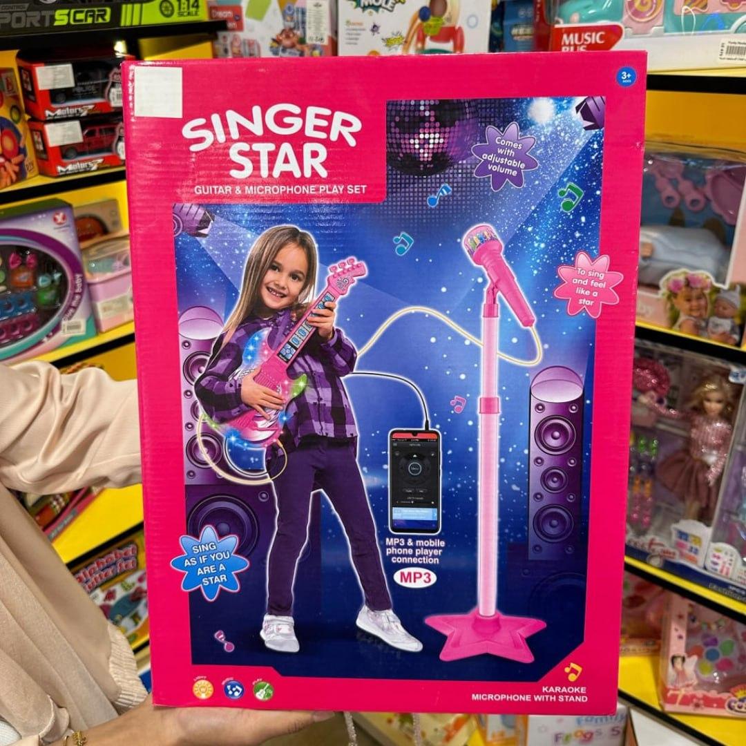 Guitarra E Microfone Infantil Instrumento Brinquedo Musical Cor Rosa Atentu