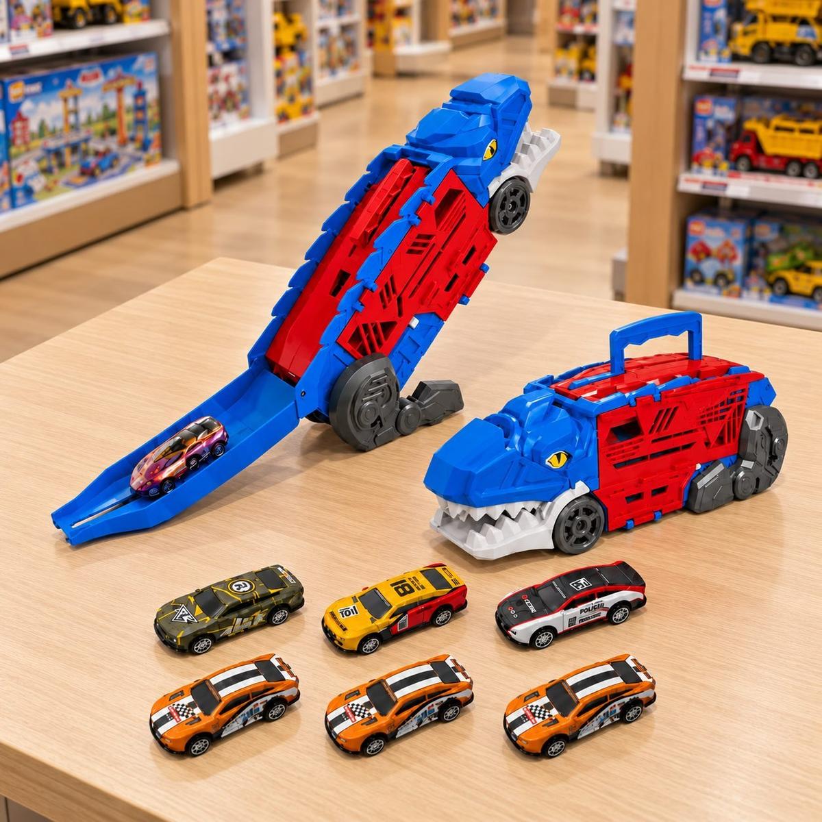 Caminhão Dinossauro 6 Carrinhos Pista 2x1 Dinobot Maxi Toys
