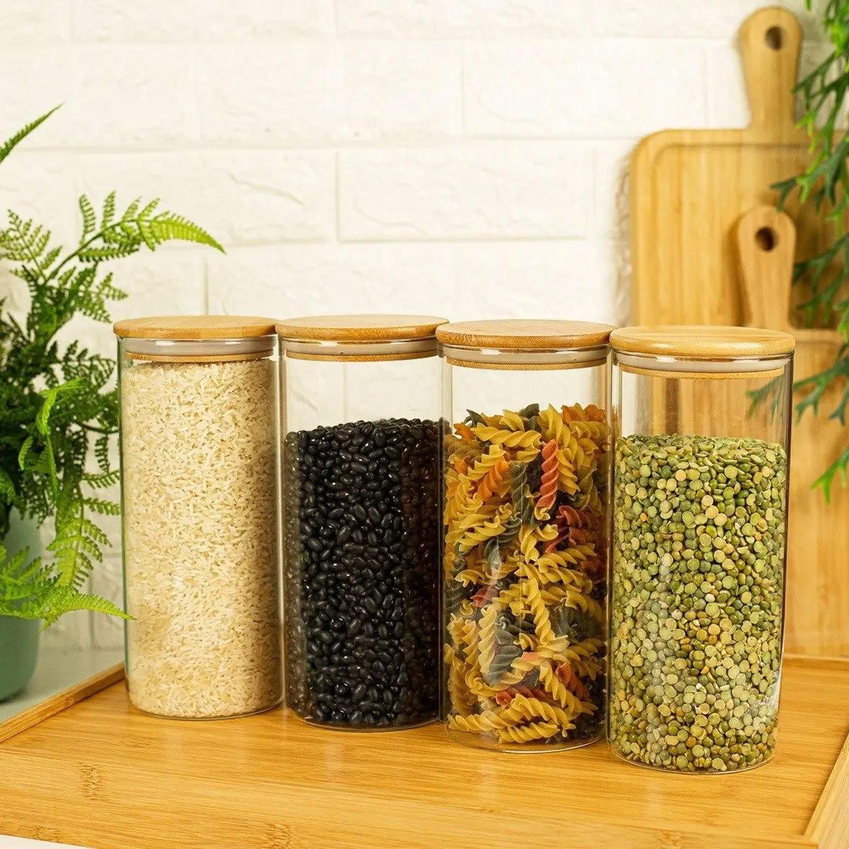 Kit 4 Potes De Mantimentos Com Tampa De Bambu - Oikos Cor Marrom-claro