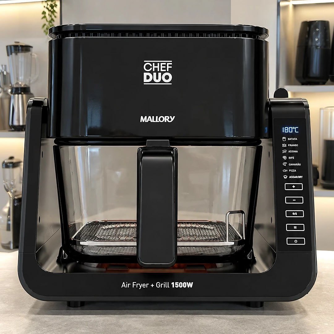 Fritadeira Elétrica Mallory Chef Duo 2 em 1 (Air Fryer e Grill) - 1500W, Temperatura até 200°C, Cuba de Vidro Temperado com 4L, Cesto para Grill em Aço Inox com 1,5L - 220V