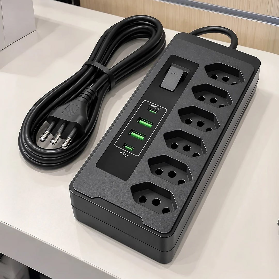 Filtro De Linha Extensão 6 Tomadas, 2 Usb 2 Pd 2500W com Interruptor De Protecção