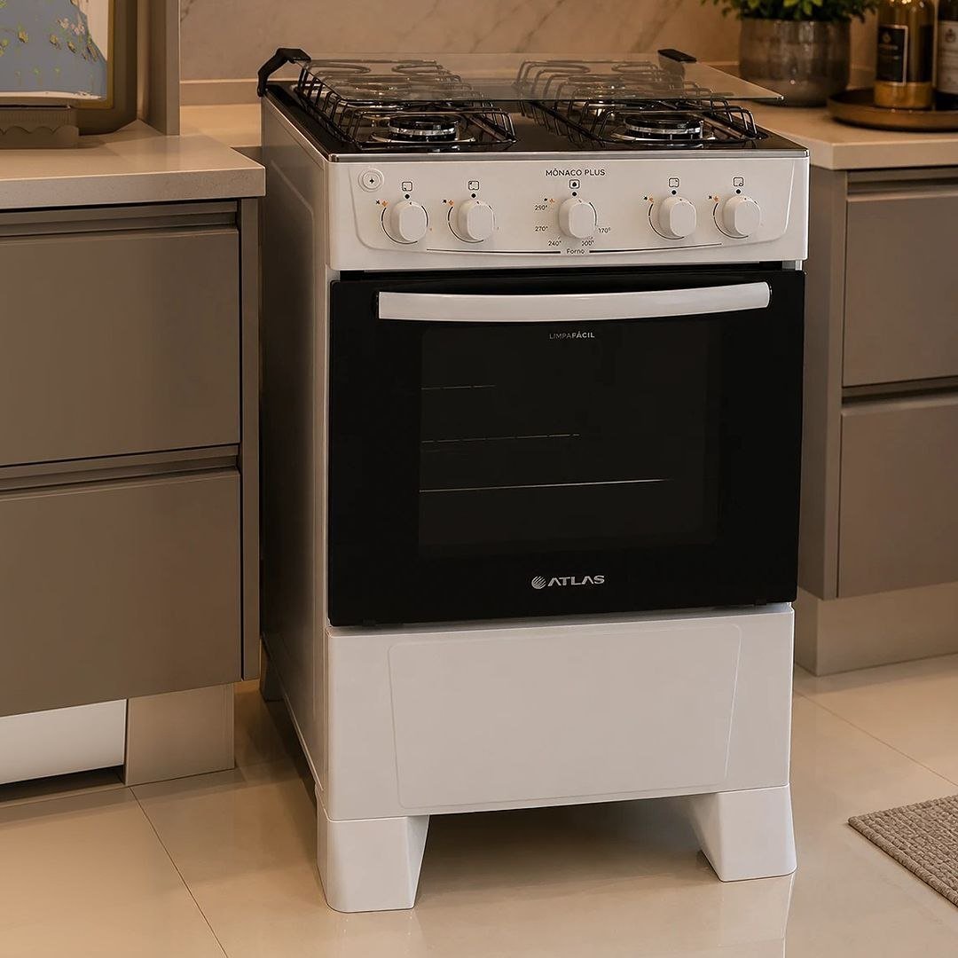 Fogão 4 Bocas Atlas Mônaco Plus Automático com Mesa Inox Branco Bivolt