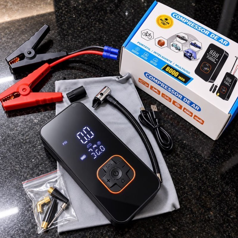 Compressor Ar Portátil Bateria + Power Bank e Auxiliar de Partida