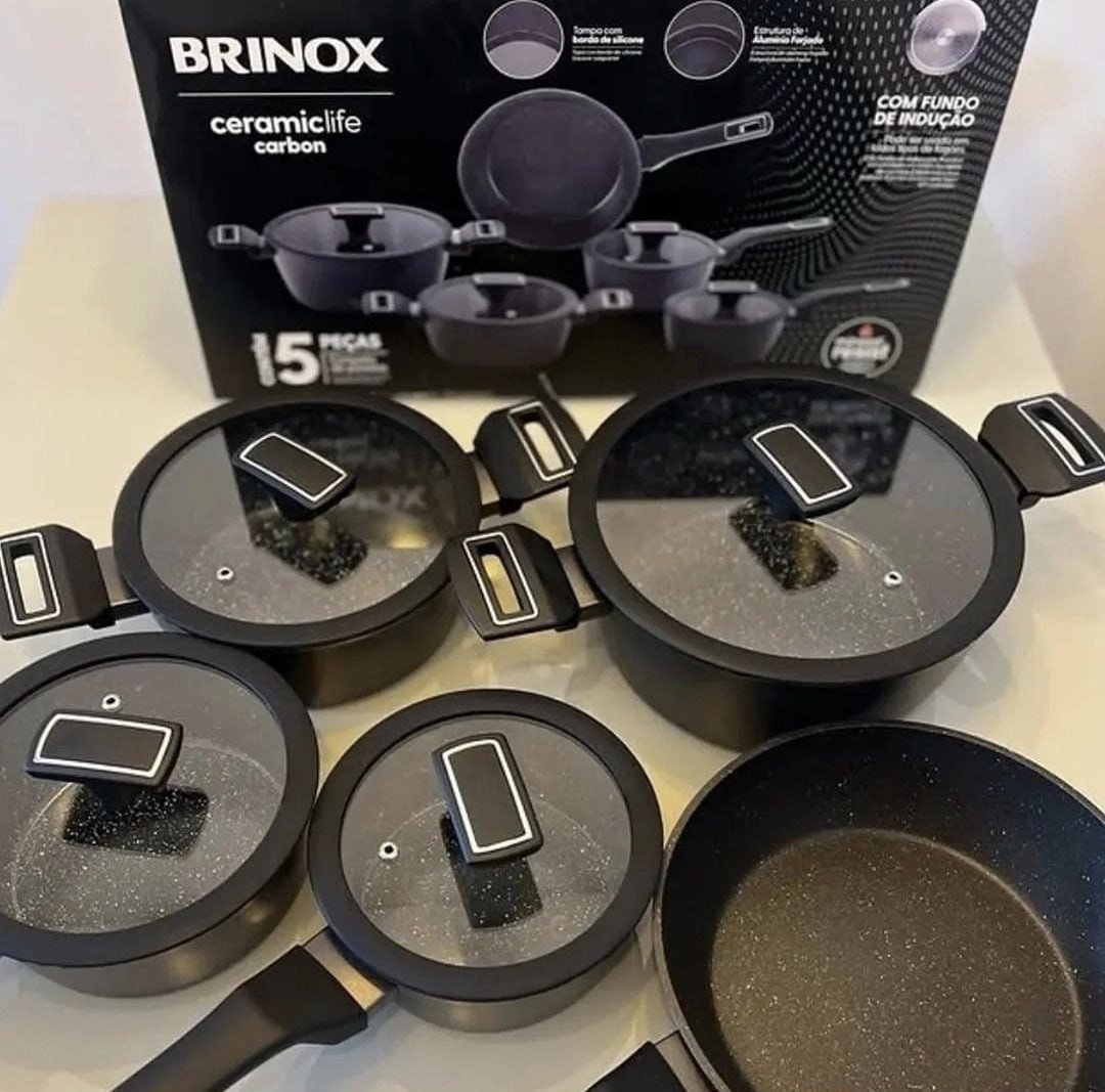 Jogo de Panelas Brinox Revestimento Cerâmico de Alumínio Preto 5 Peças Carbon Ceramic Life