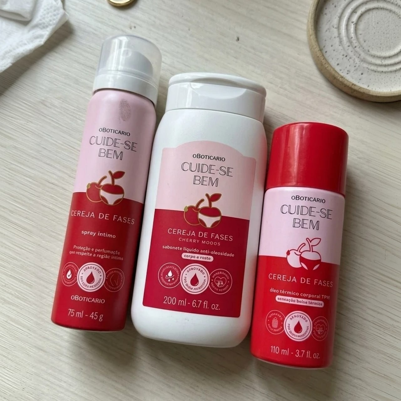 Combo Cuide-se Bem Cereja De Fases - Sabonete Líquido 2 em 1 200ml - Spray Íntimo Desodorante 75ml - Óleo Térmico Corporal 110ml
