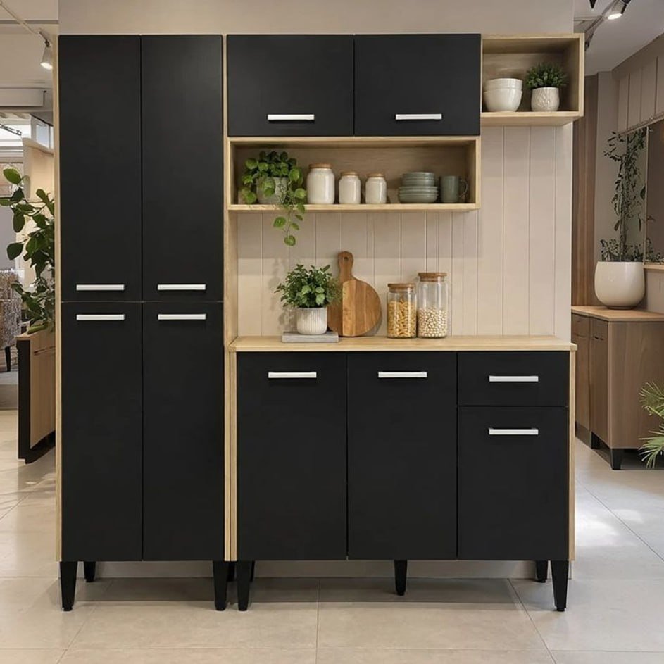 Cozinha Compacta Arizona Glam Com Armário E Balcão Carraro Cor Carvalho/Preto