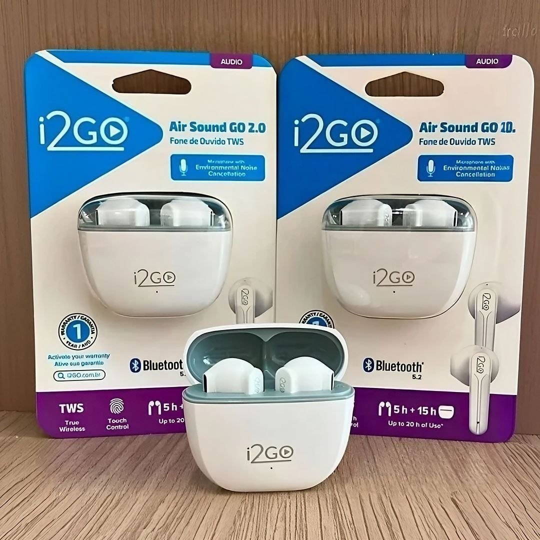 I2GO, Fone De Ouvido, TWS, Bluetooth, 20 Horas totais de Bateria, ENC, Air Sound Go 2.0, Branco, i2GO PRO