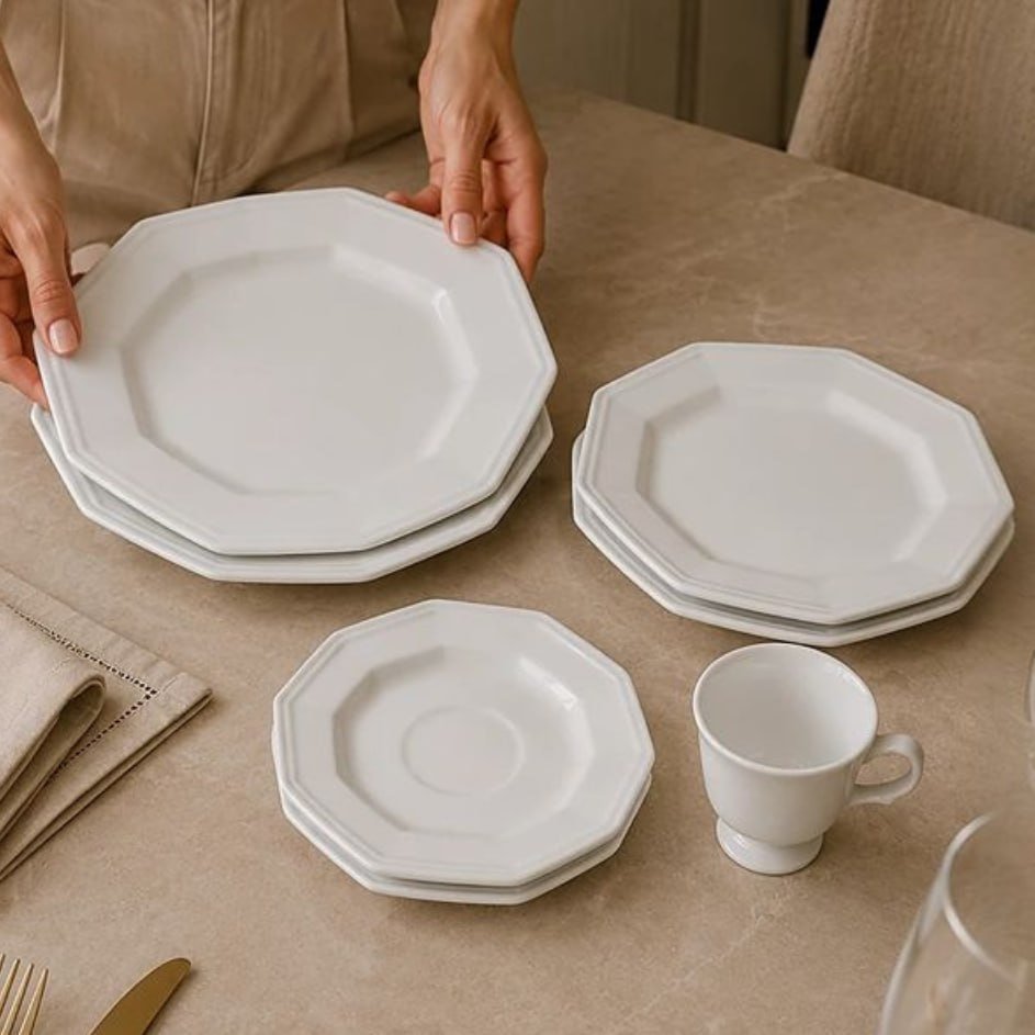 Serviço de Jantar e Chá em Porcelana, 20 Peças, Modelo Octogonal Prisma, Branco, Porcelana Schmidt