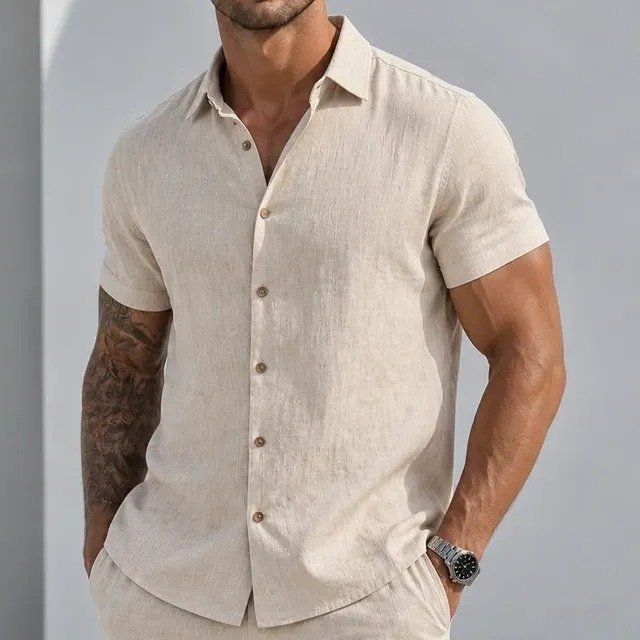 Camisa Manga Curta Viscose Old Money Confortavel Bege Liso