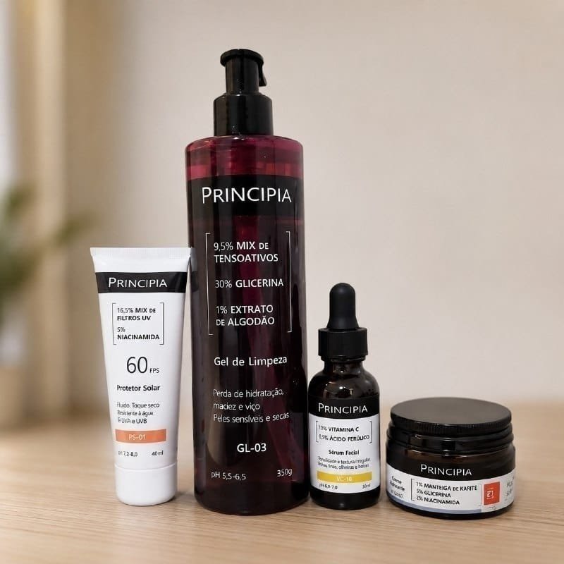 Kit Essencial Principia Peles Sensíveis - Gel de Limpeza GL-03 - Creme Hidratante CH-01 - Sérum Vitamina C VC-10 - Protetor Solar PS-01