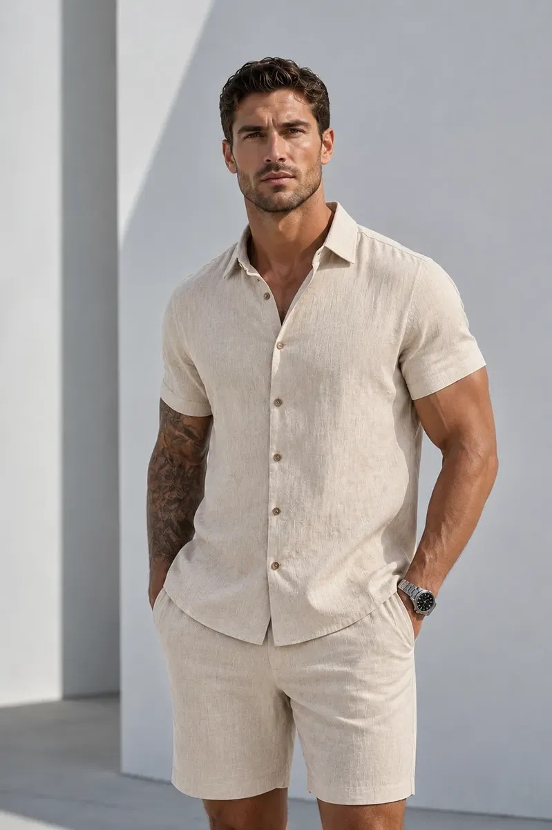 Camisa Manga Curta Viscose Old Money Confortavel Bege (P ao GG)