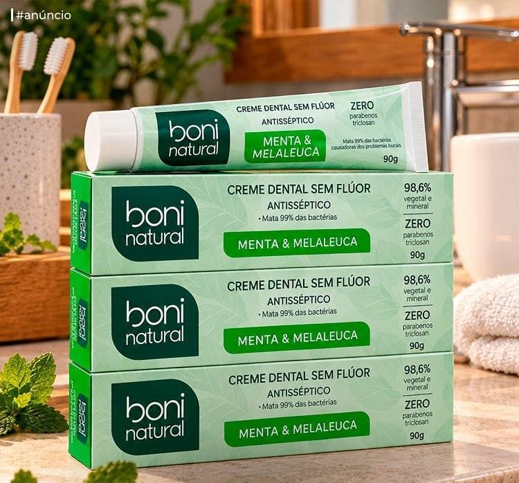 Kit com 3 Creme Dentais BONI NATURAL com óleos naturais de Menta e Melaleuca Vegano e Natural, Sem Flúor, Sem Triclosan, 90g (cada) ​