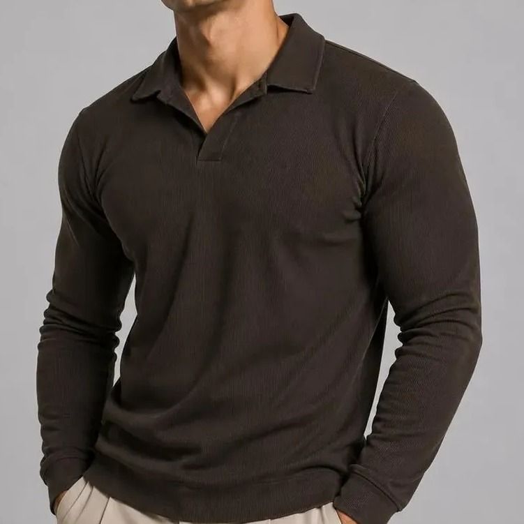 Camisa Polo Masculina Manga Longa Canelada Sem Botão Marrom (P ao GG)