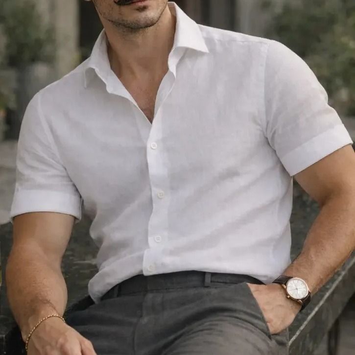 Camisa Casual Masculina Texturizada Com Botões Old Money Preto Linho (P ao GG)