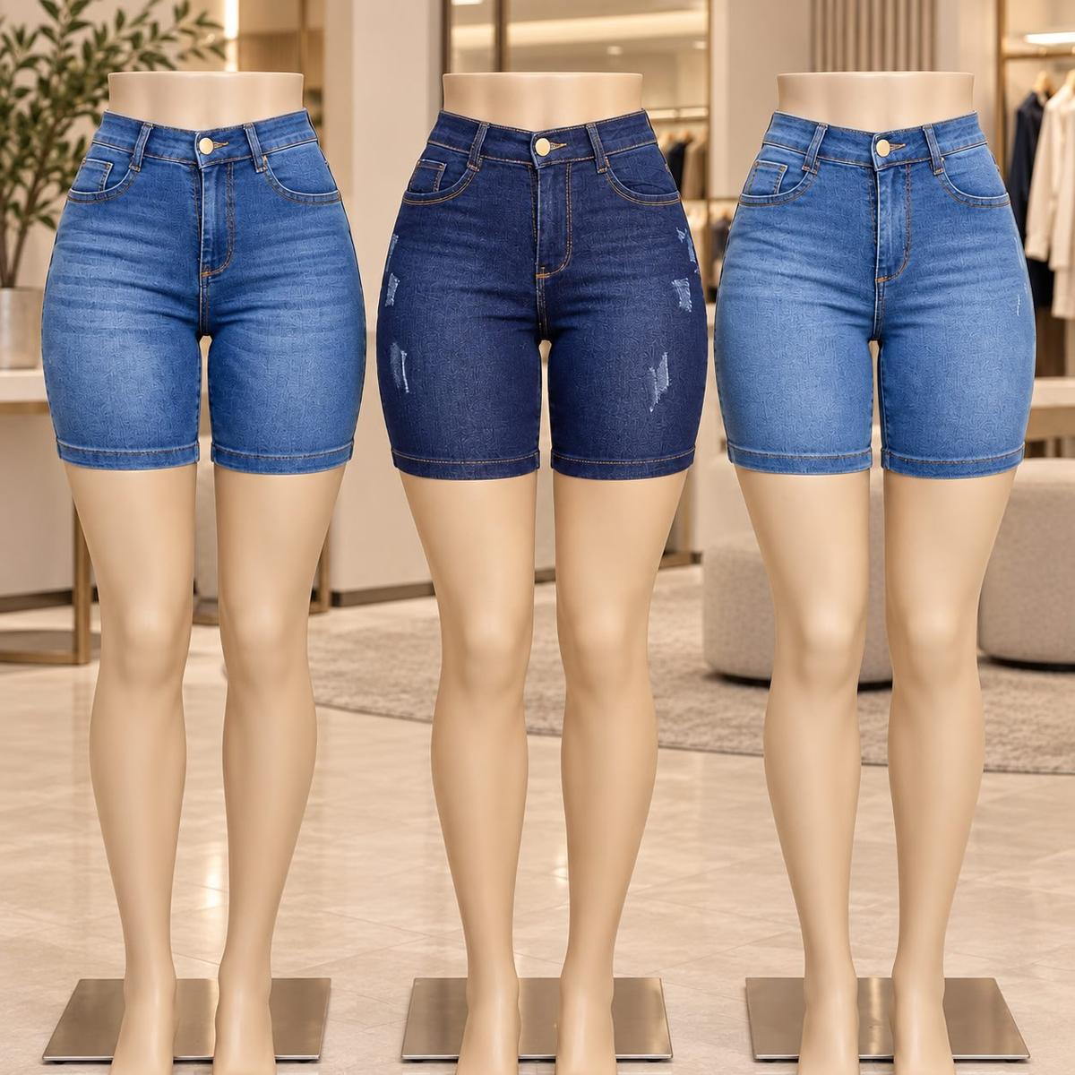 Kit 3 Bermuda Jeans Elastano Meia Coxa Feminina Cintura Alta