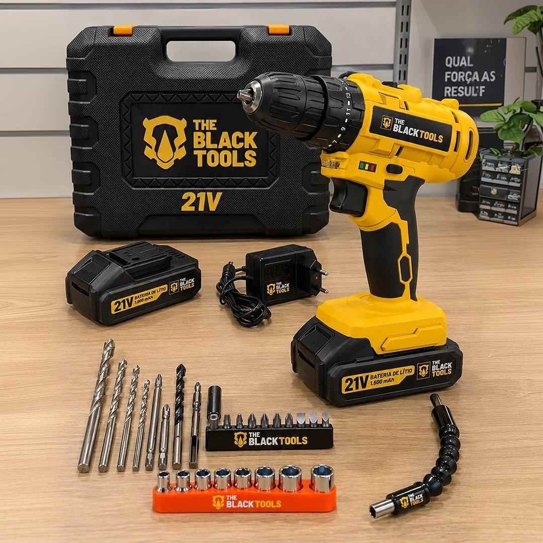 Parafusadeira Furadeira De Impacto Bateria Bivolt + Acessórios E Maleta TB-21PZW The Black Tools