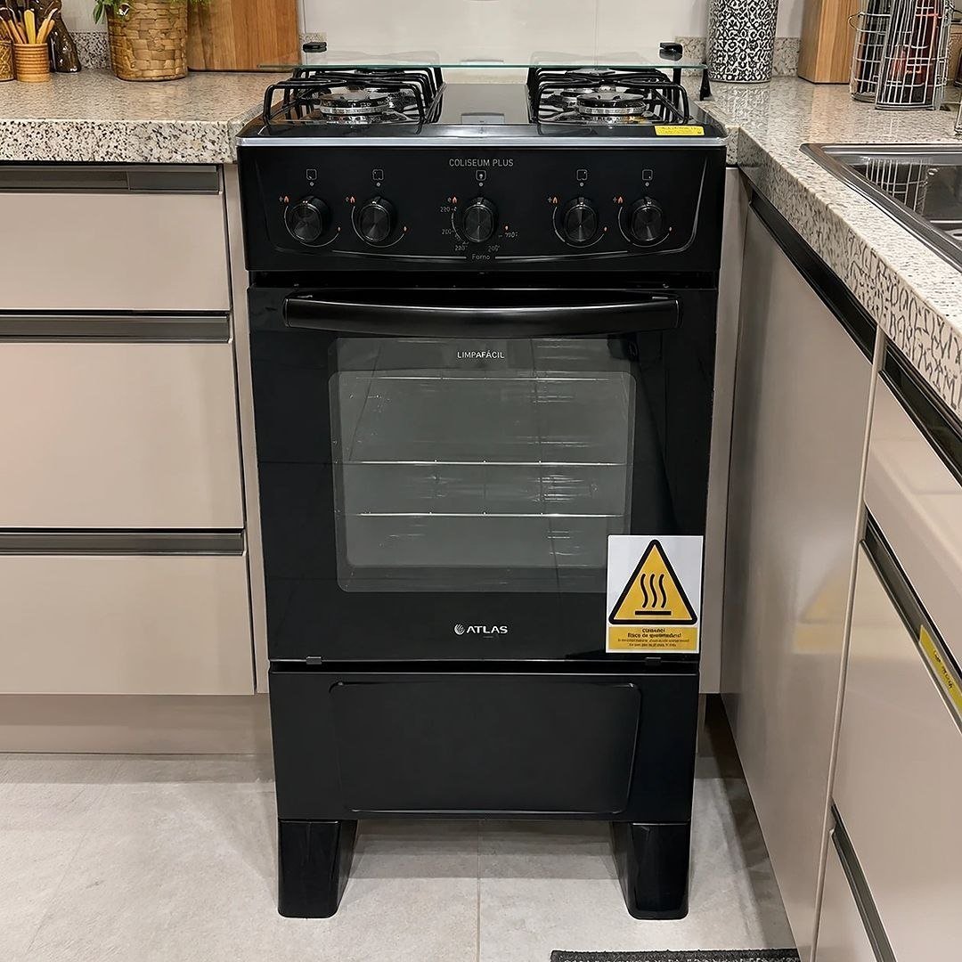 Fogão 4 Bocas Atlas Mônaco Plus com Mesa de Inox Automático Preto Bivolt