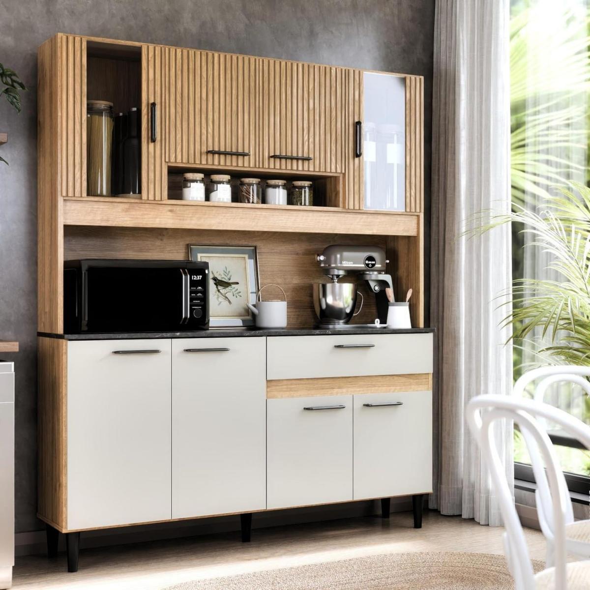 Armário De Cozinha Completo Coral 120cm Carvalho Off White Com Balcão E Paneleiro 8 Portas 1 Gaveta