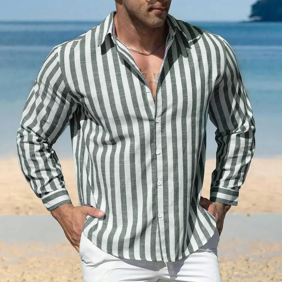 Camisa Masculina De Manga Comprida Com Botões E Listrada (M ao XGG)