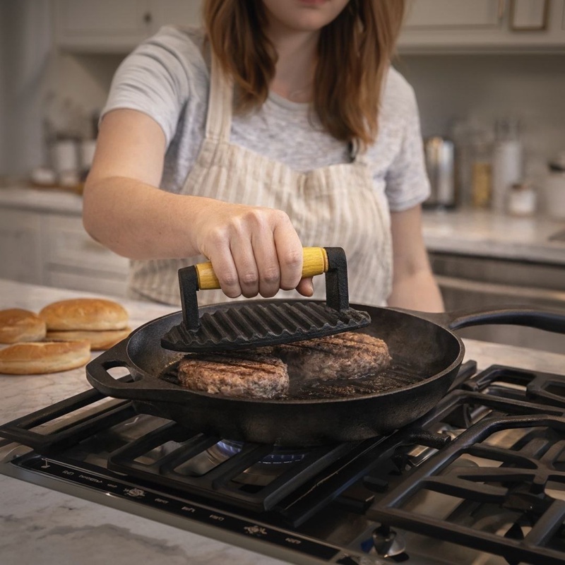 Prensador Amassador De Ferro Fundido P/ Bife Carne Hambúrger