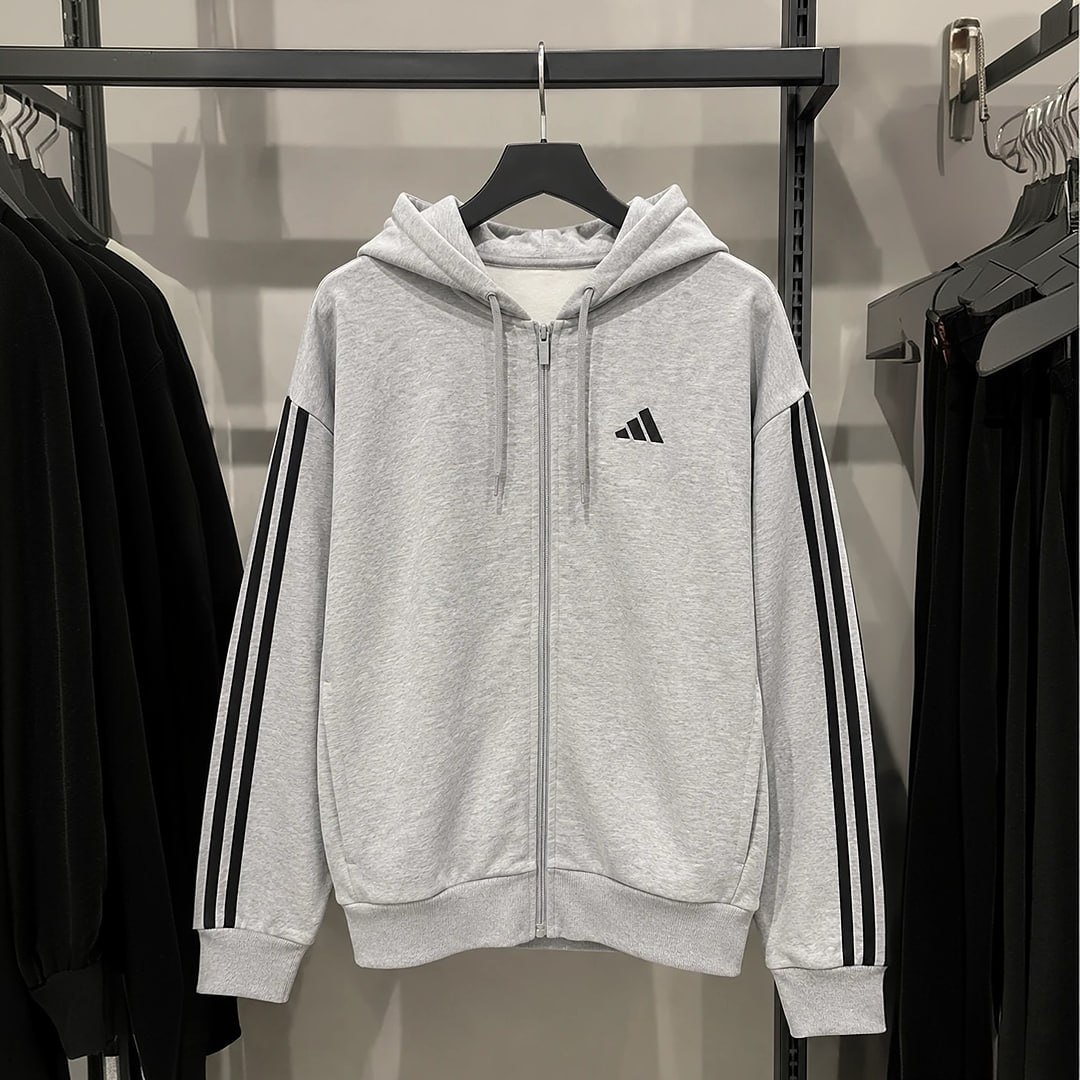 Moletinho Adidas Capuz Zíper Essentials Três Listras Feminino - Cinza