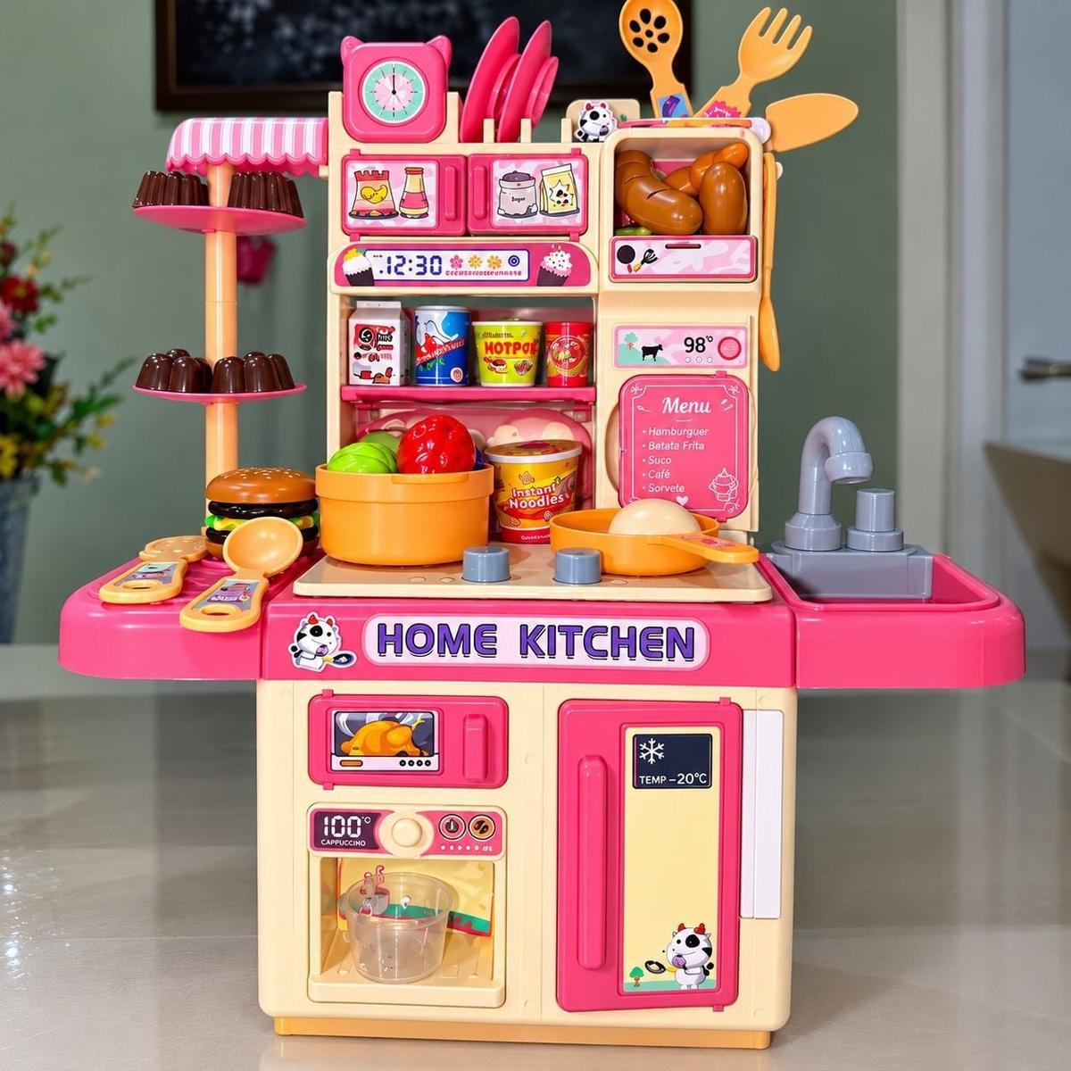 Cozinha Infantil Brinquedo Com Luz 33 Acessórios Sai Água Rosa